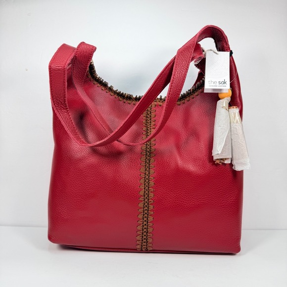 The Sak Handbags - NEW The Sak Women Large Huntley Leather Crimson Red Hobo Bag Crochet Bead 108601